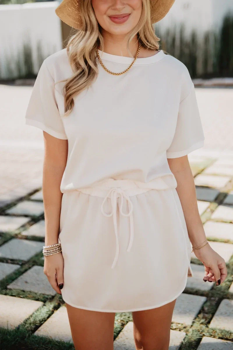 Beige and White Matching Skirt and Top Set