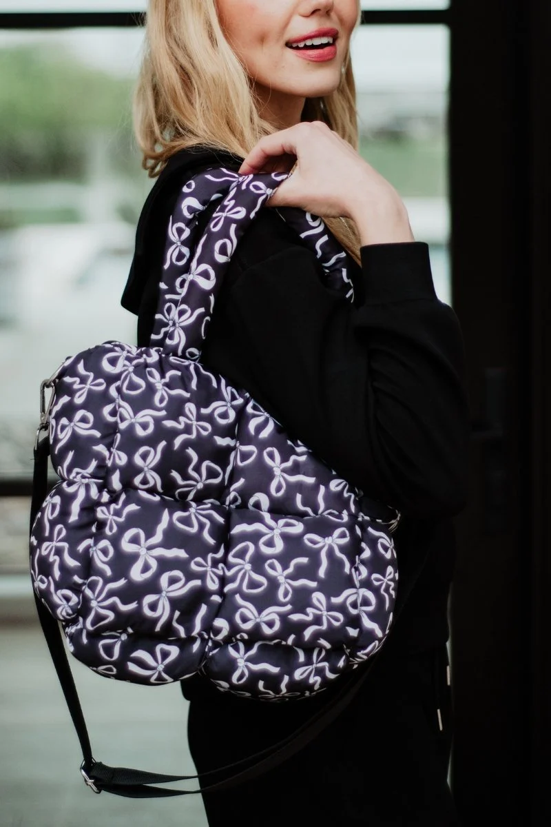 Black Bow Print Puffer Tote - Image 3