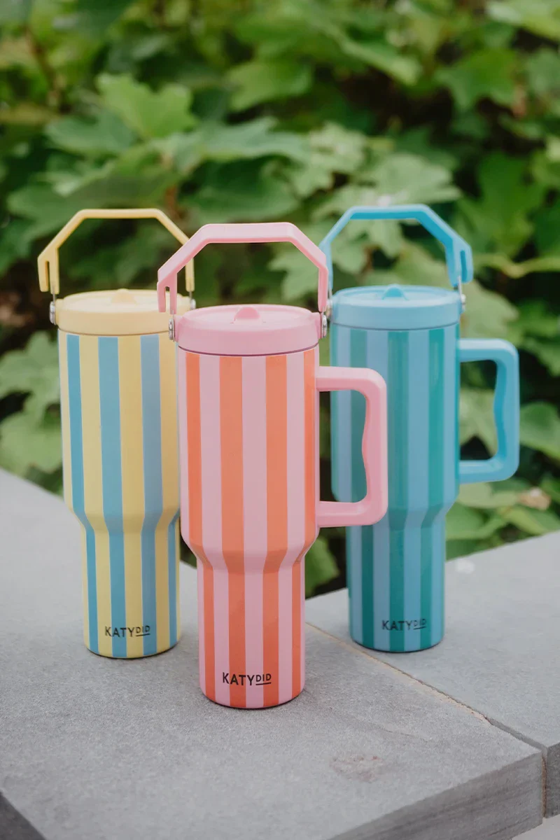 Cabana 38 Oz Tumbler with Handle (Pink and Orange Striped) - Image 2