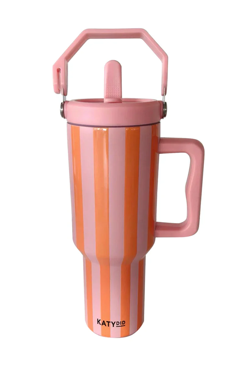Cabana 38 Oz Tumbler with Handle (Pink and Orange Striped) - Image 3