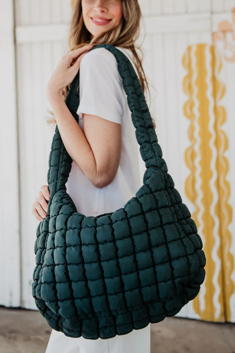 Forest Green Quilted Puffer Tote Bag