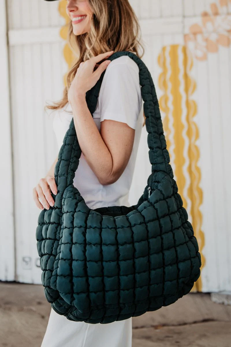 Forest Green Quilted Puffer Tote Bag - Image 2