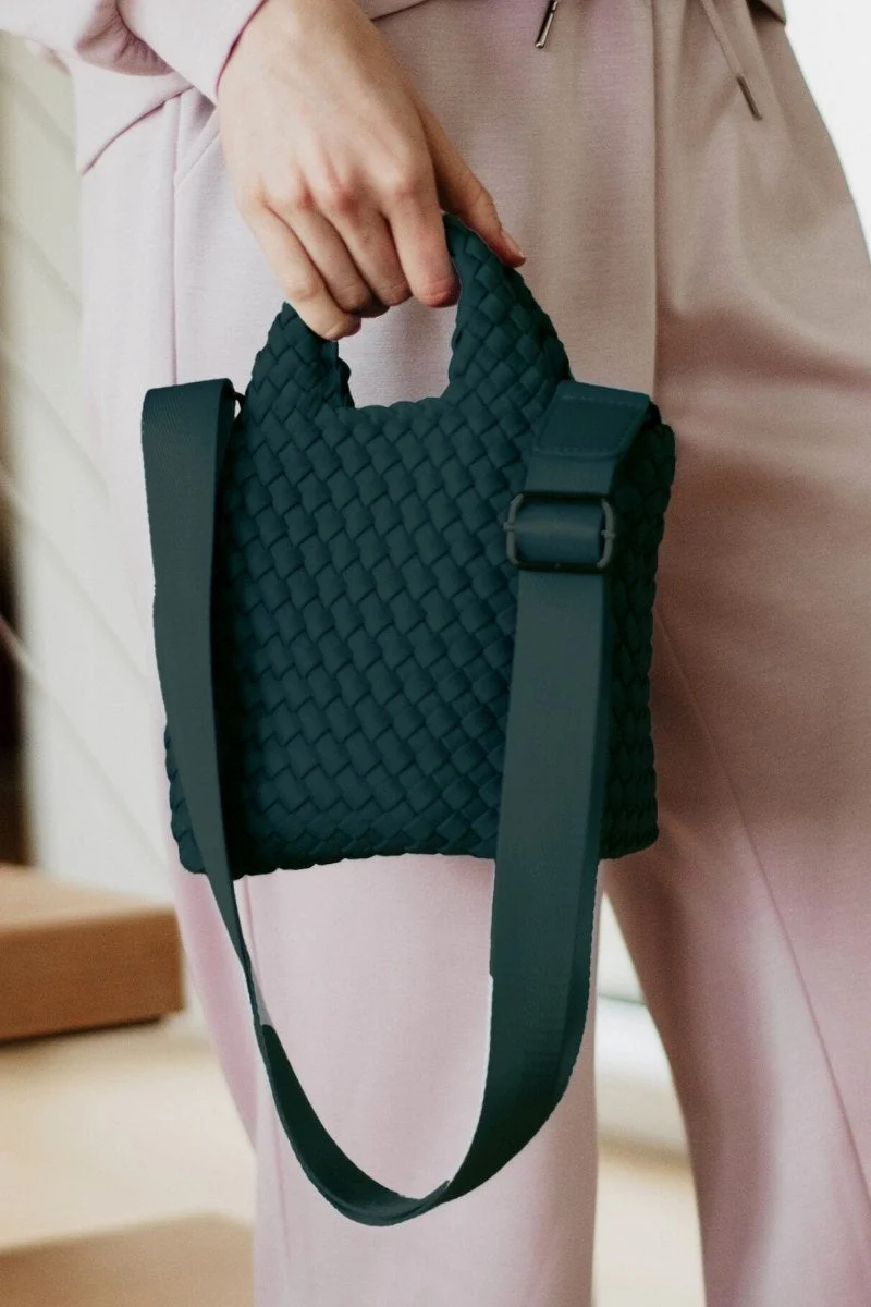 Forest Green Woven Crossbody Bucket Bag