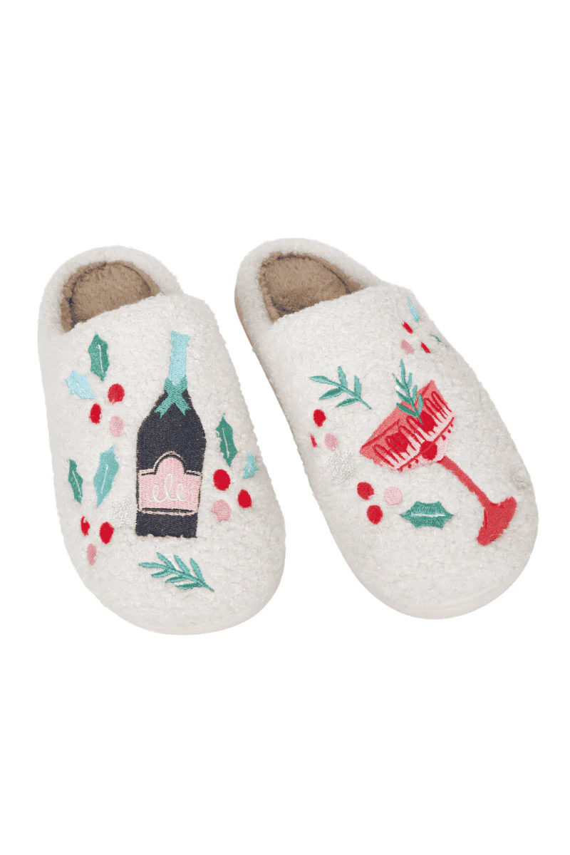 Holiday Champagne, Coupes & Holly Women's Slippers - Image 3