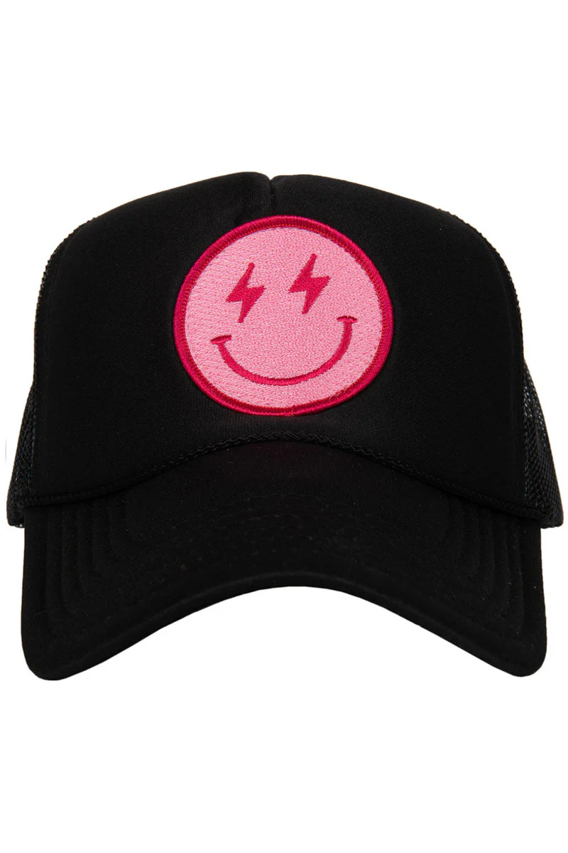 Hot Pink Lightning Happy Face Trucker Hat - Image 3