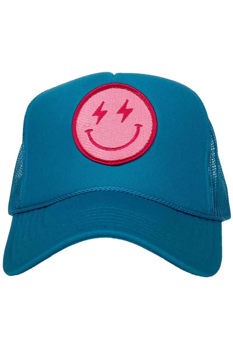 Hot Pink Lightning Happy Face Trucker Hat - Image 4