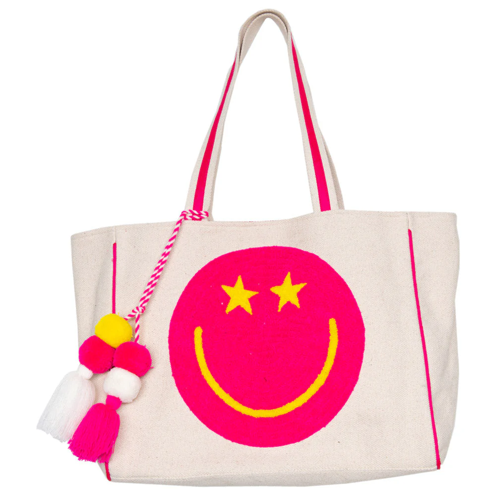 Hot Pink Star Eye Happy Face Canvas Tote Bag - Image 2
