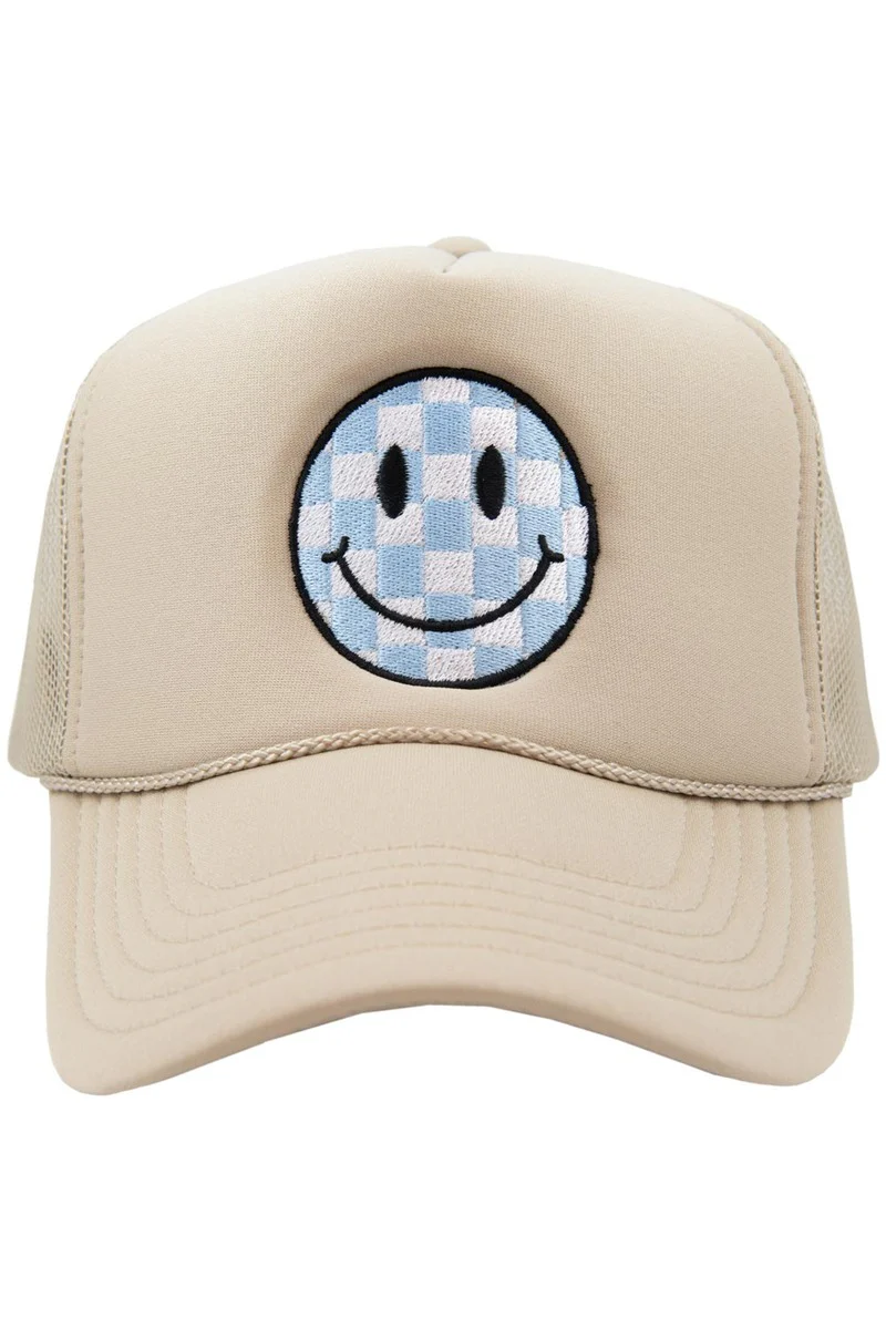 Light Blue Checkered Happy Face Foam Trucker Hat - Image 2