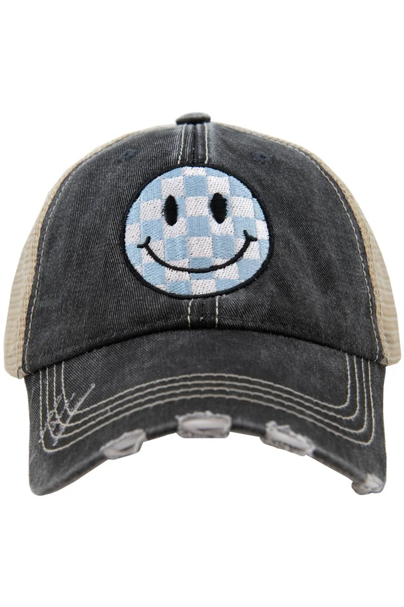 Light Blue Checkered Happy Face Trucker Hat - Image 2