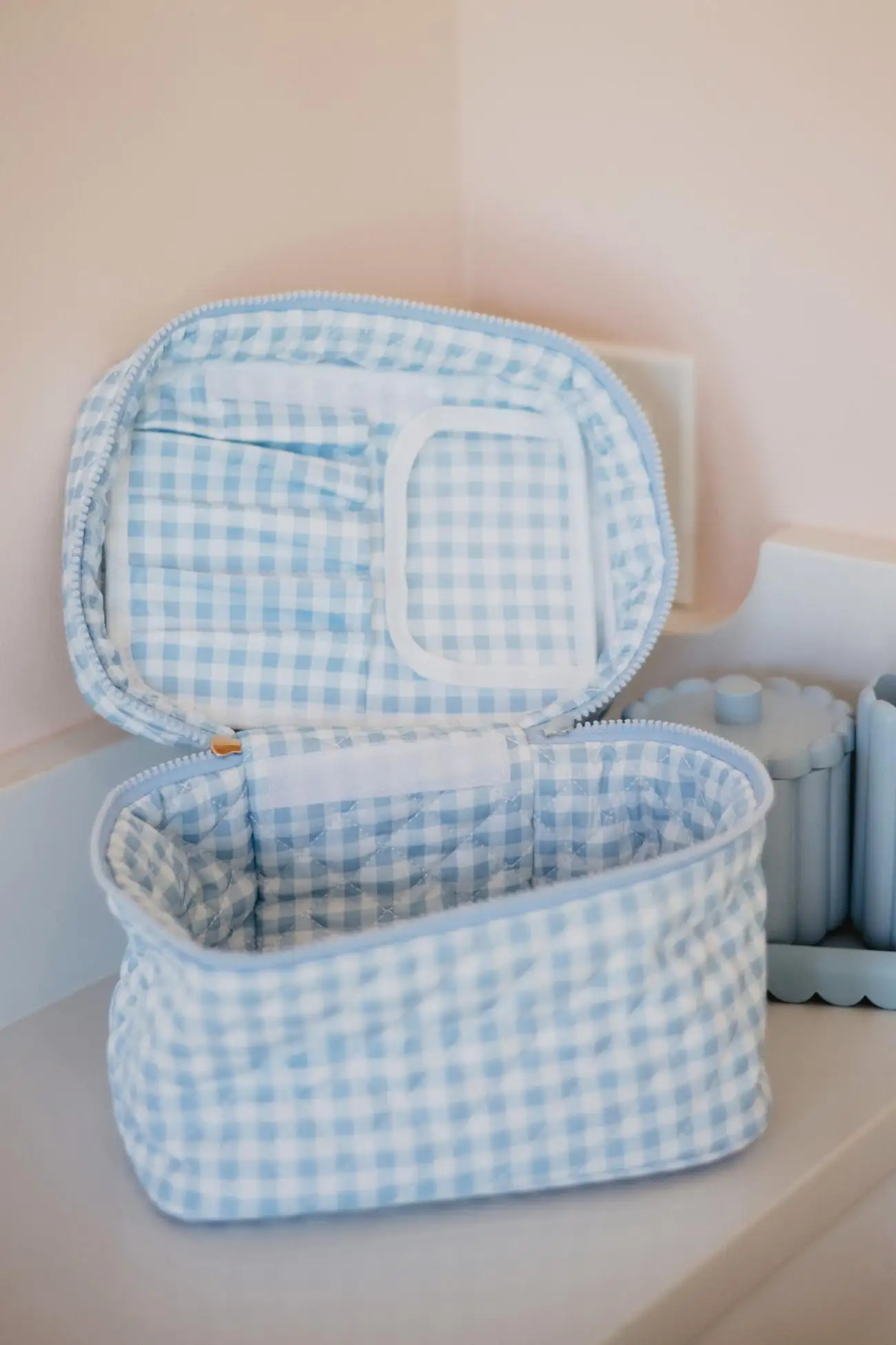 Light Blue Plaid Make Up Bag for Travel