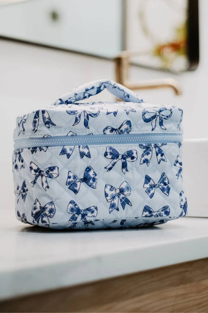 Light Blue Toile Bows Cosmetic Travel Bag
