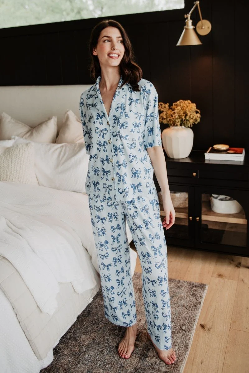 Light Blue Toile Coquette Bows Lounge Pants Set - Image 2