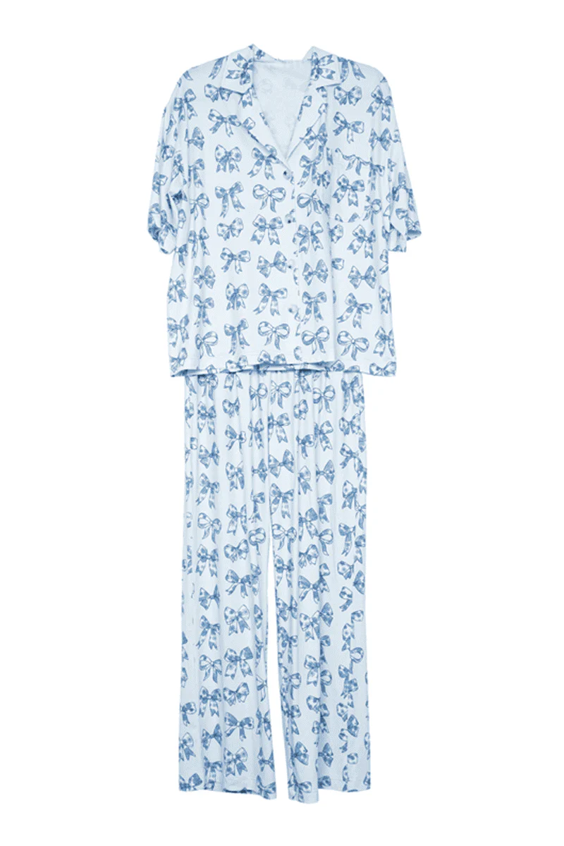 Light Blue Toile Coquette Bows Lounge Pants Set - Image 4
