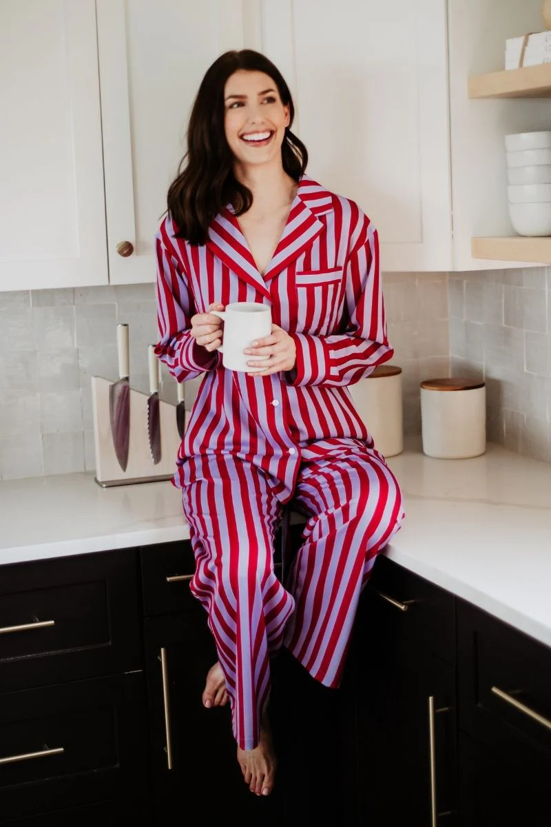 Lilac Striped Satin PJ Sets Women