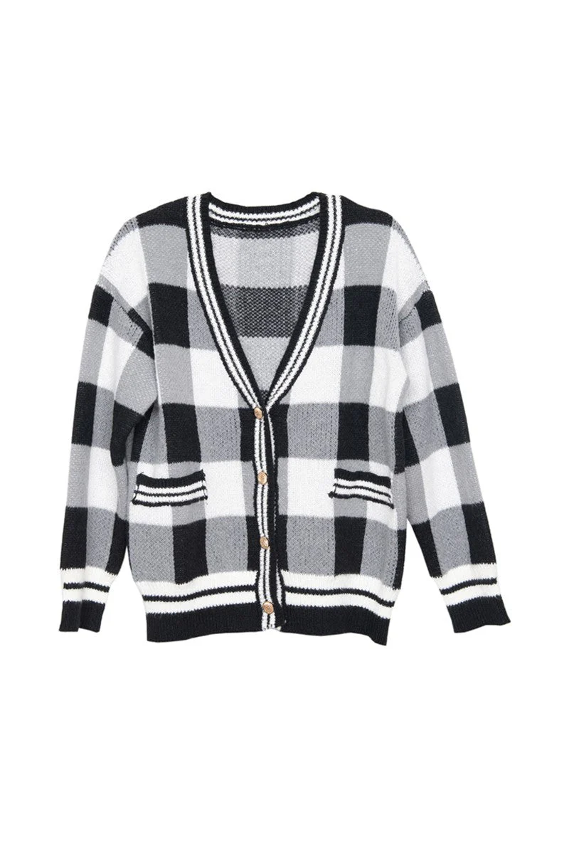 Open Front Black Plaid Cardigan Sweater - Image 6