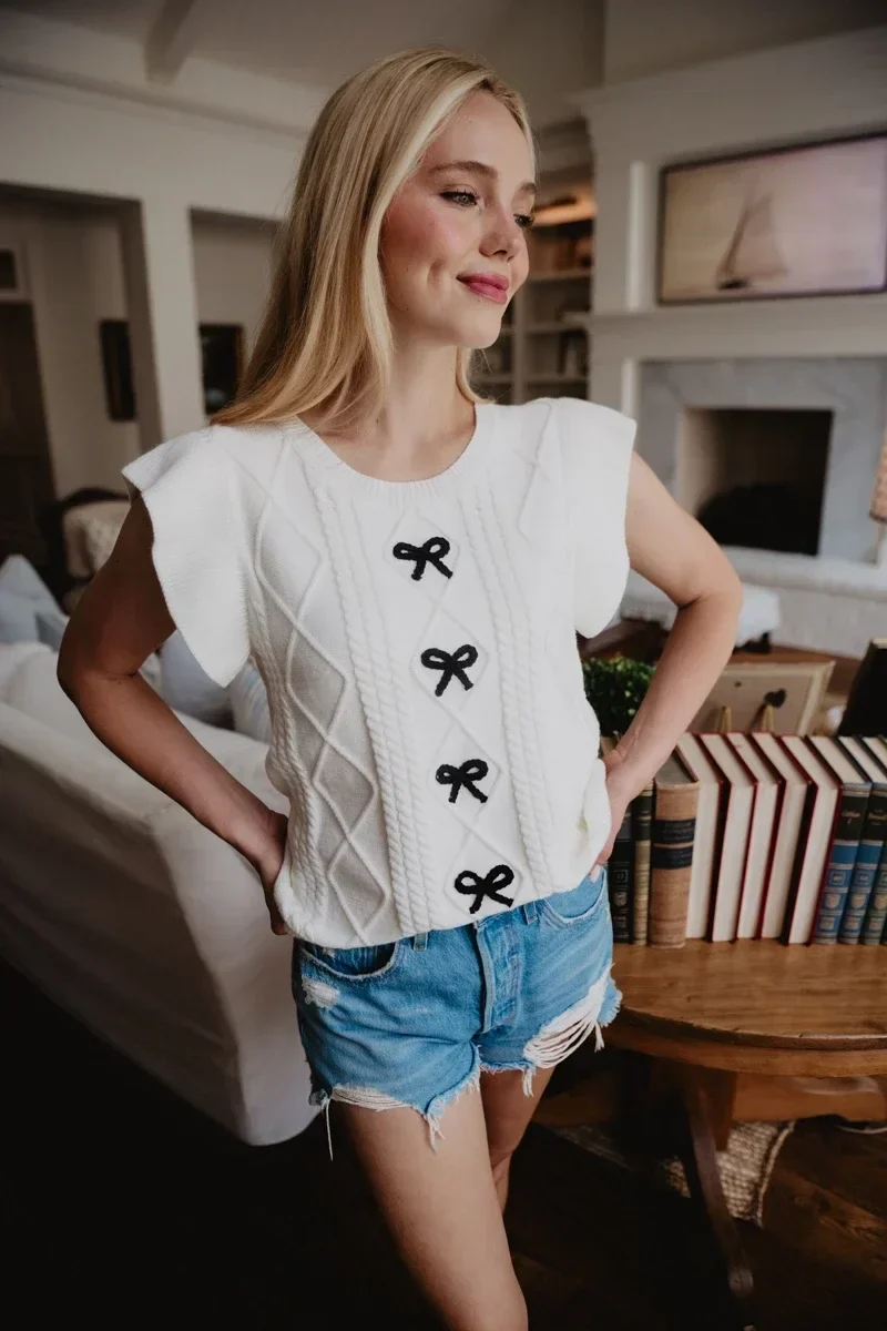 Short Sleeve Bow Sweater Top (White) - Image 2