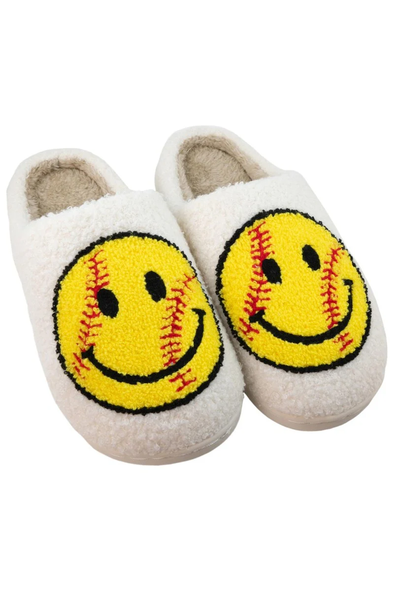 Softball Happy Face Fuzzy Slippers - Image 2