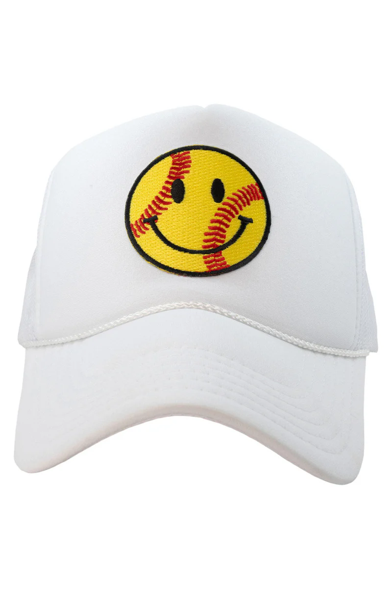 Softball Happy Face Patch Foam Trucker Hat - Image 3