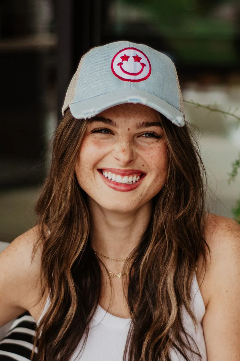 Star Eyed Happy Face Denim Embroidered Trucker Hat - Image 2