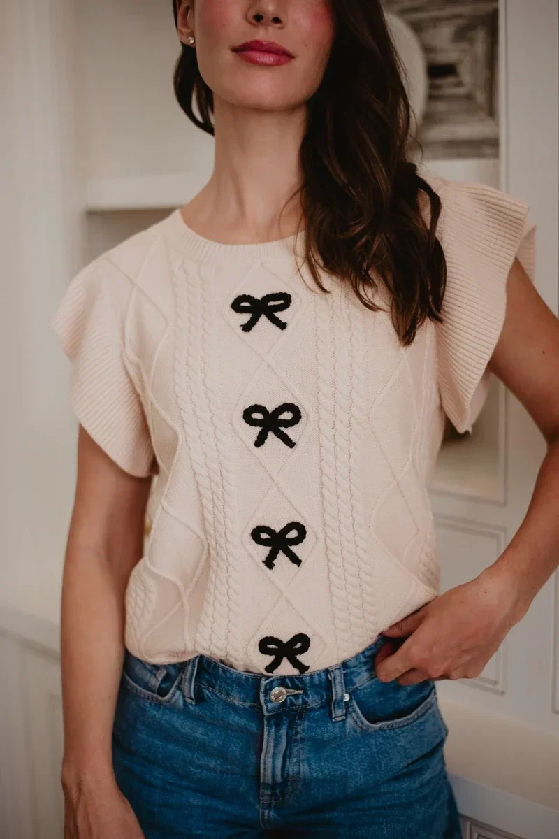 Tan Coquette Bow Sweater Top - Image 2
