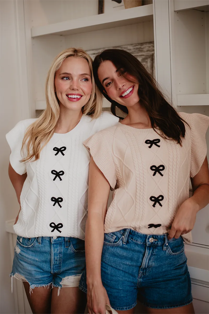Tan Coquette Bow Sweater Top - Image 3