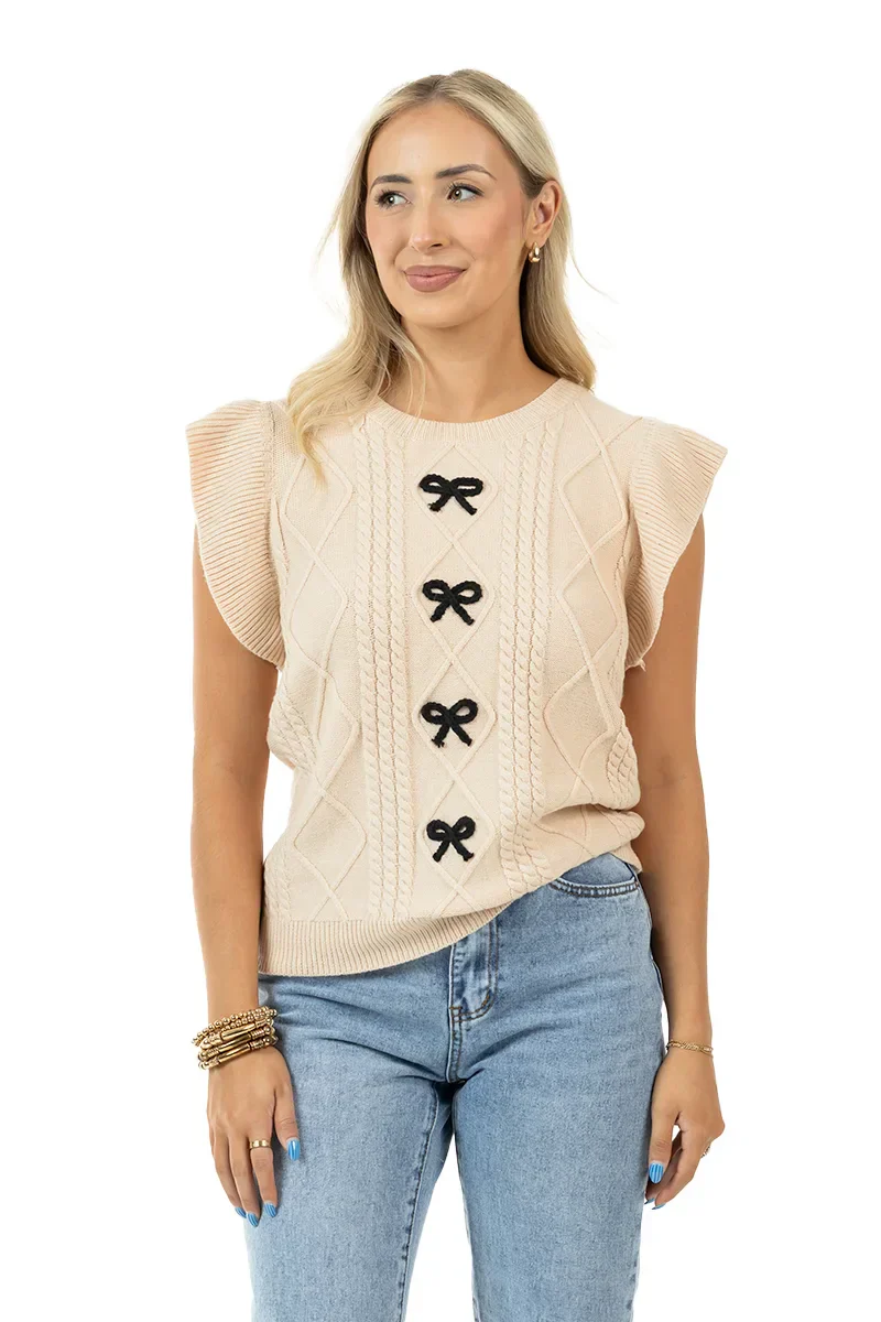 Tan Coquette Bow Sweater Top - Image 4