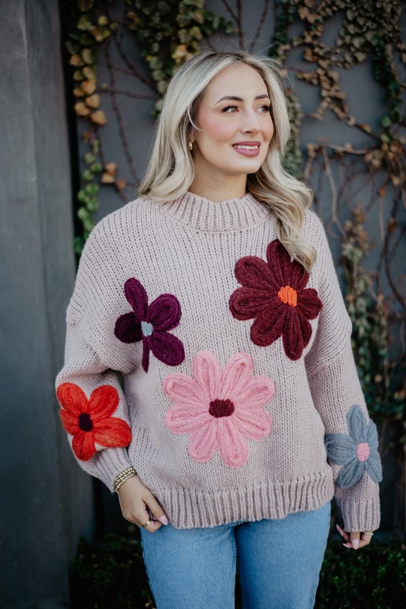 Tan Floral Knit Stitched Sweater - Image 2