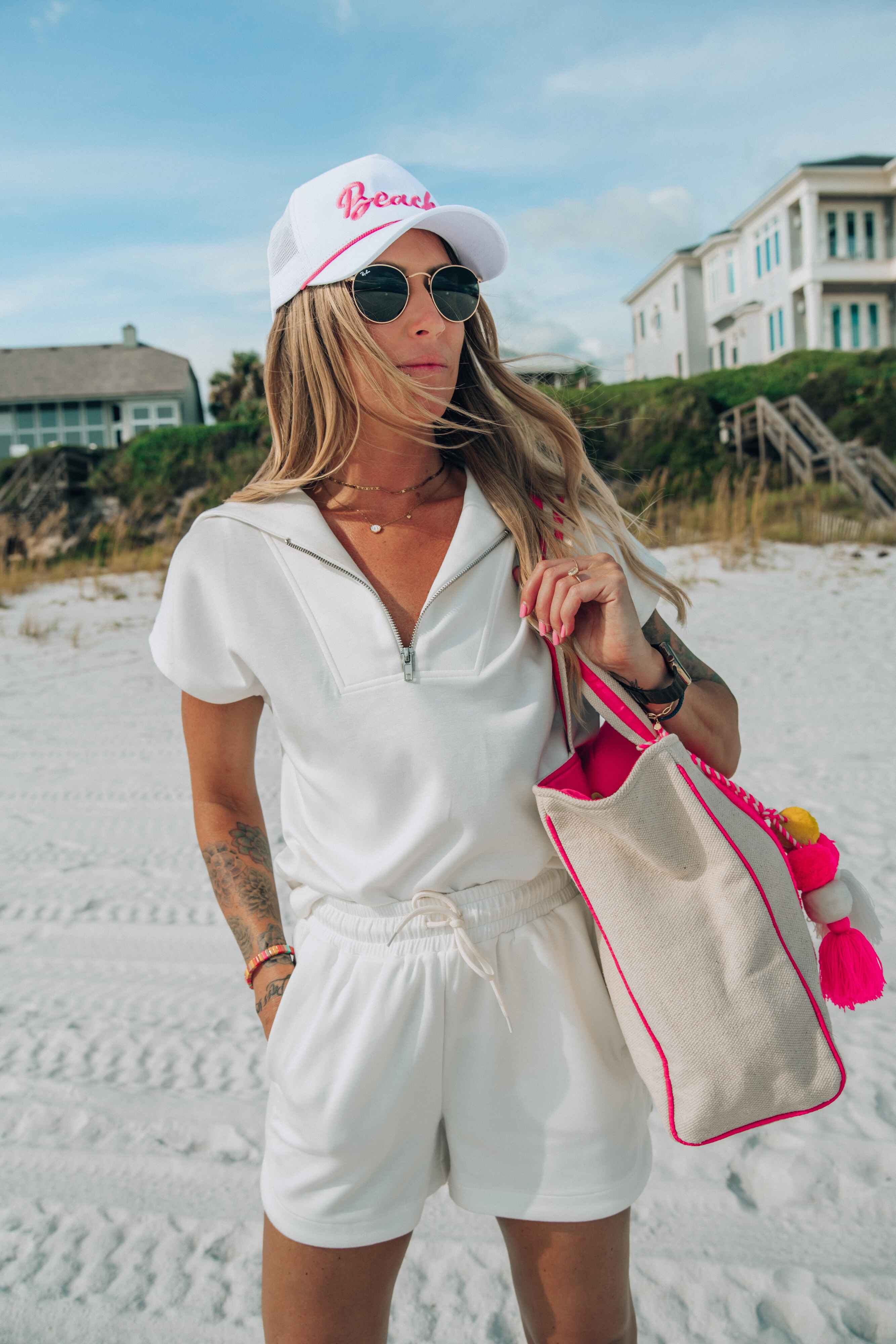 White Two Piece Half Zip Set