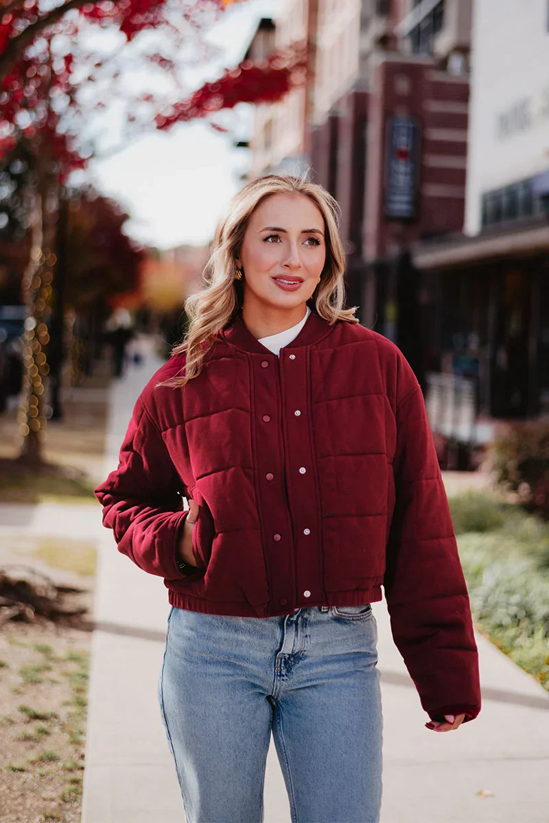 Women's Wine Cropped Quilted Bomber Jacket