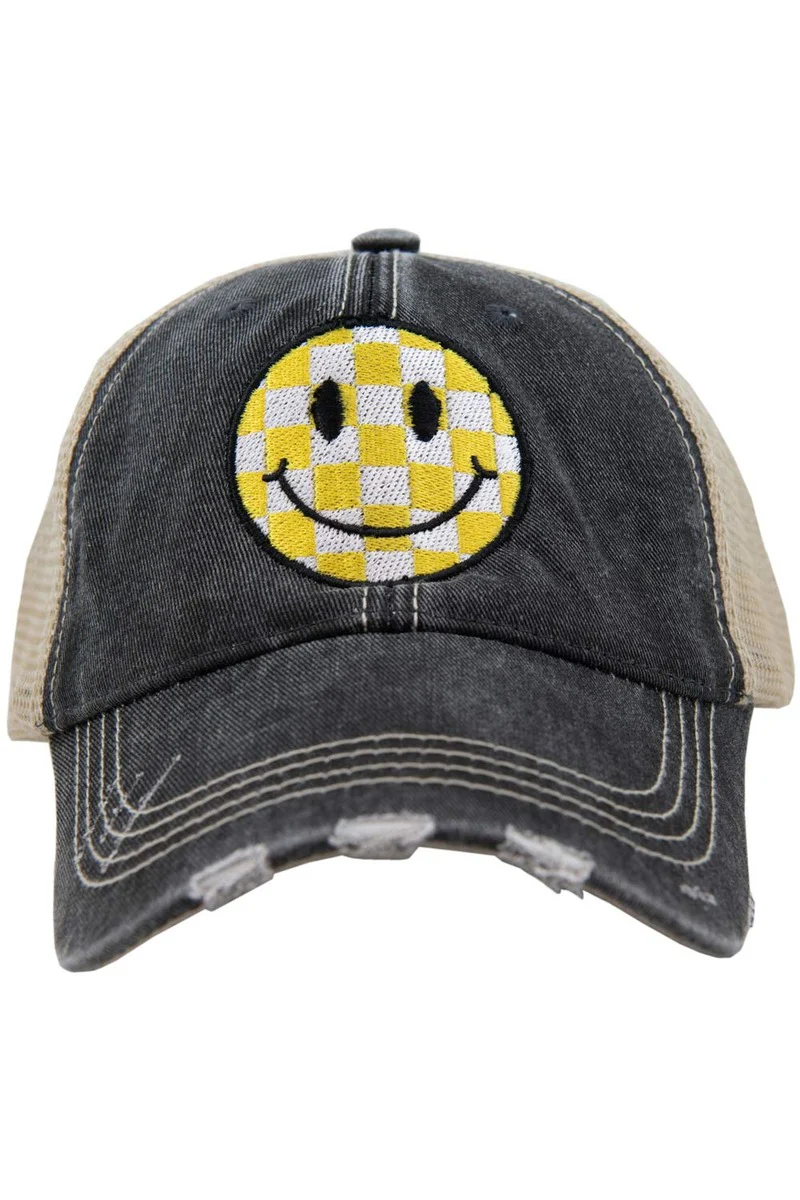 Yellow Checkered Happy Face Trucker Hat - Image 2